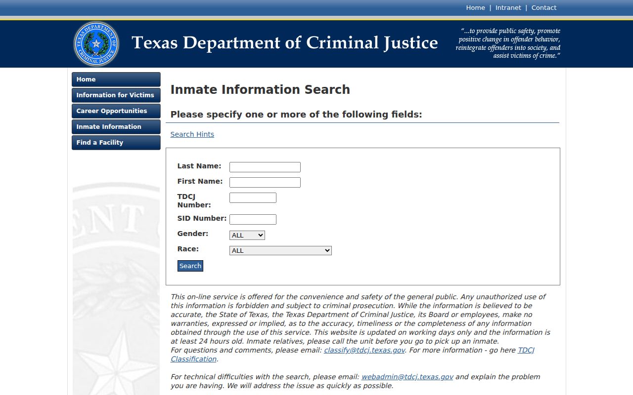 TDCJ Online Inmate Search for people sentenced from Collingsworth County