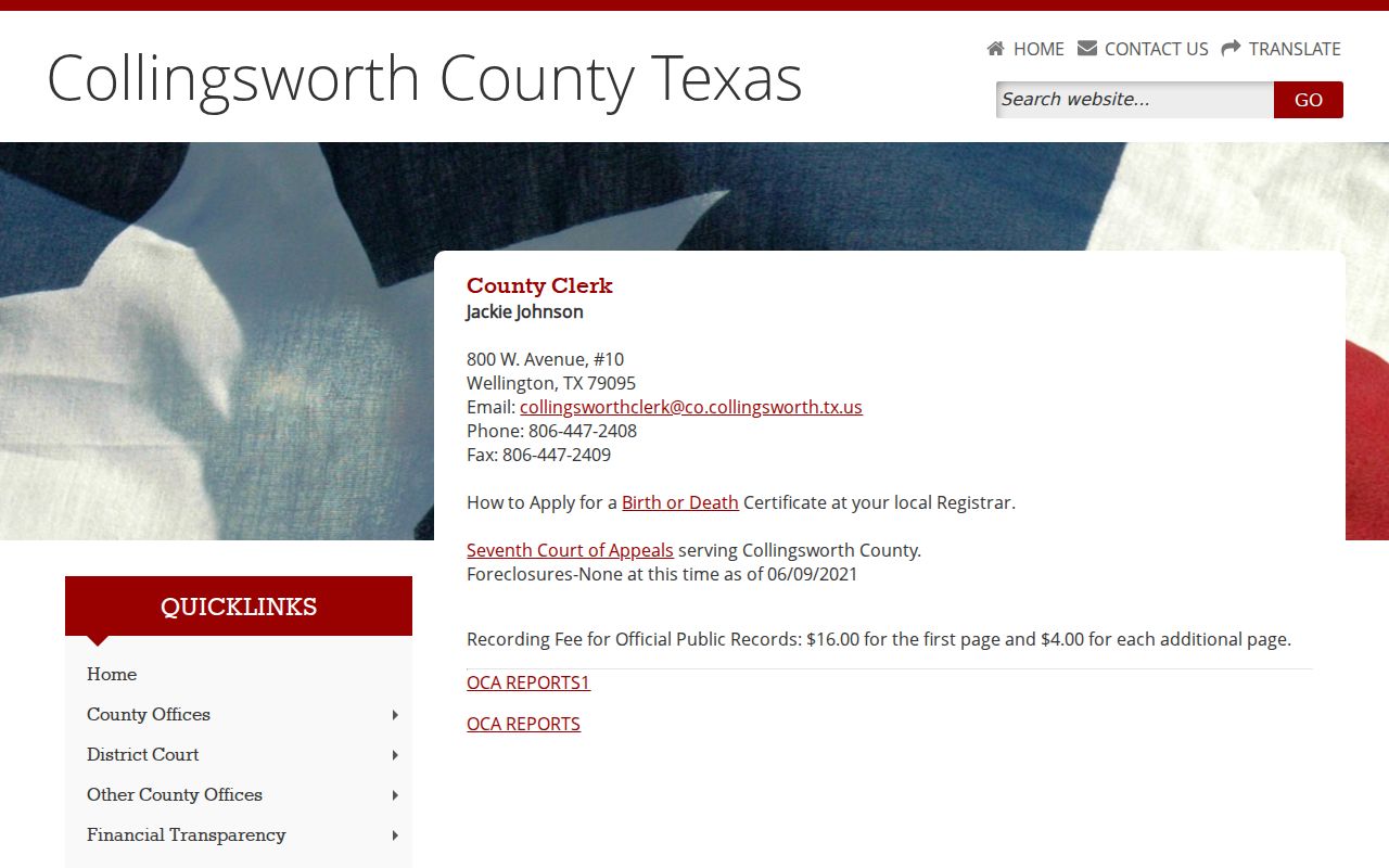 Collingsworth County Clerk contact page for county criminal case records