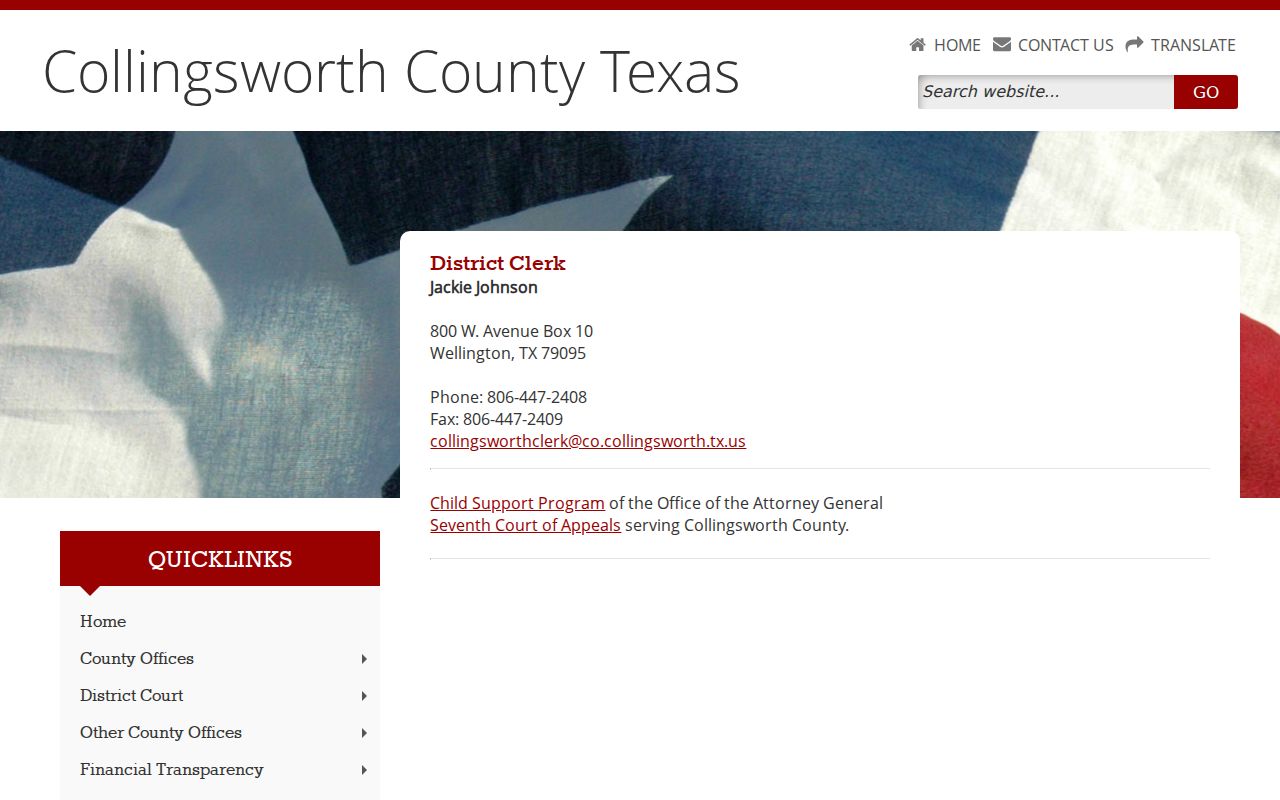 Collingsworth County District Clerk page showing the combined clerk counter