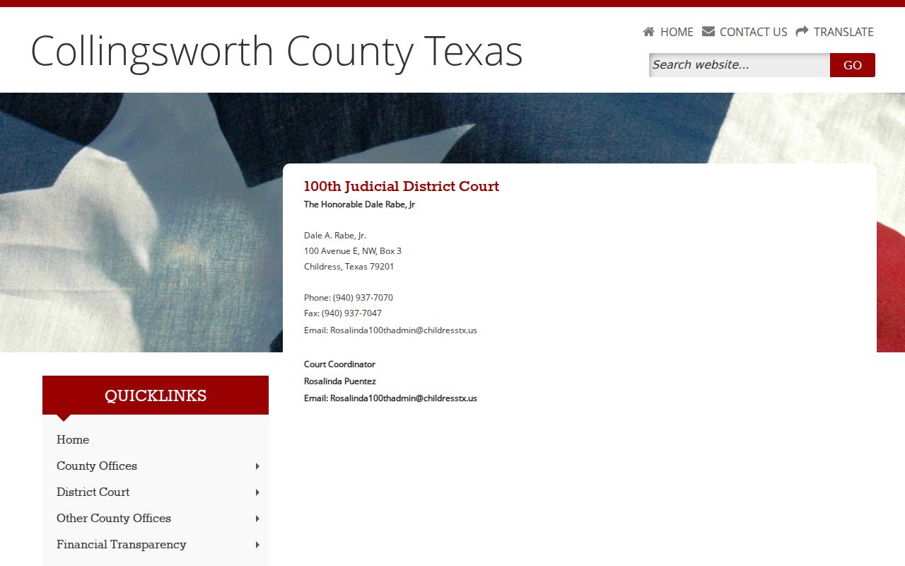 Official 100th Judicial District Court page serving Collingsworth County felony cases